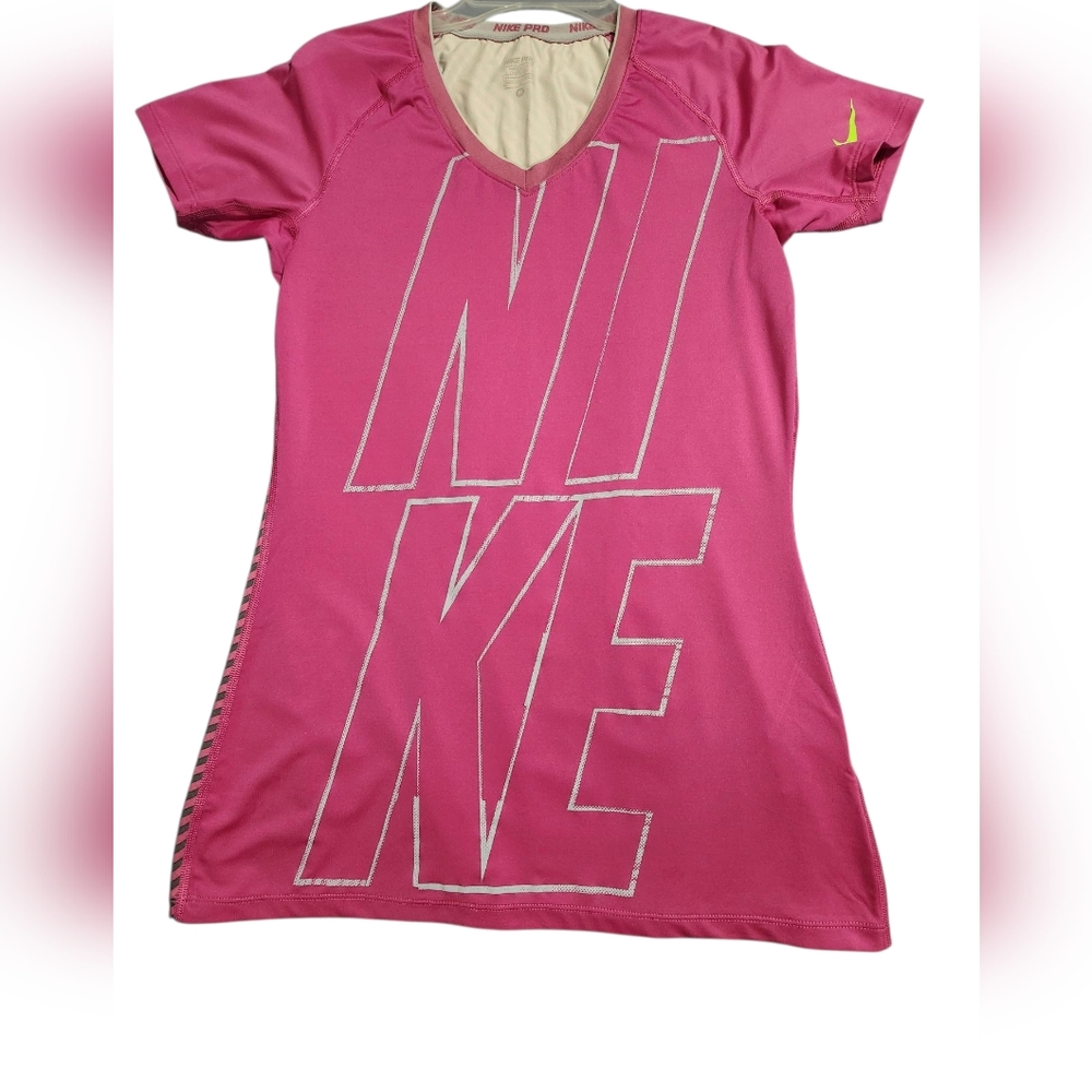 Nike Pro Fuchsia Striped Gray Logo Dri-Fit Short Sleeve Tee